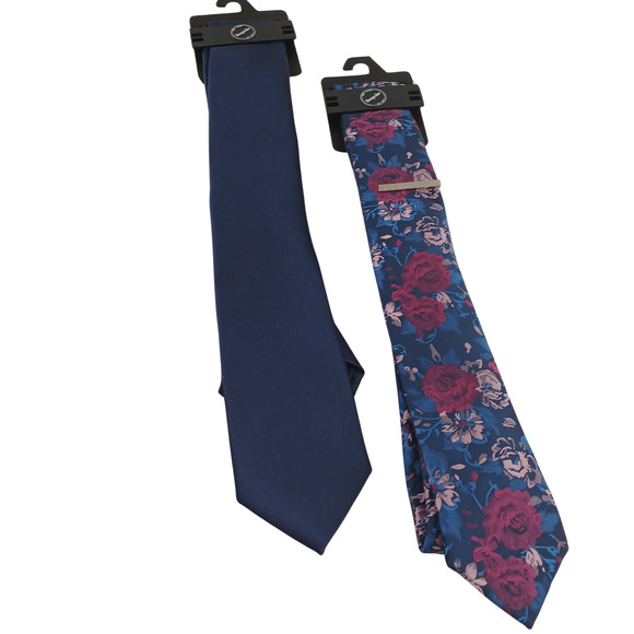 BESPOKE Elegant Men's Ties - Solid Navy Blue & Floral Pattern Blue Pink Red Tie - Picture 2 of 8